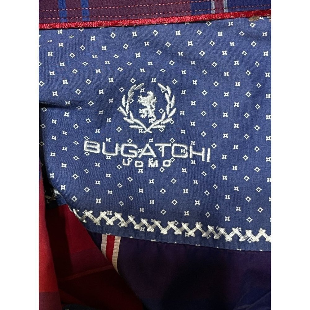 Bugatchi Men's Casual Button Front Shirt Red Navy Blue Plaid Shaped Fit Size XL - Picture 3 of 6
